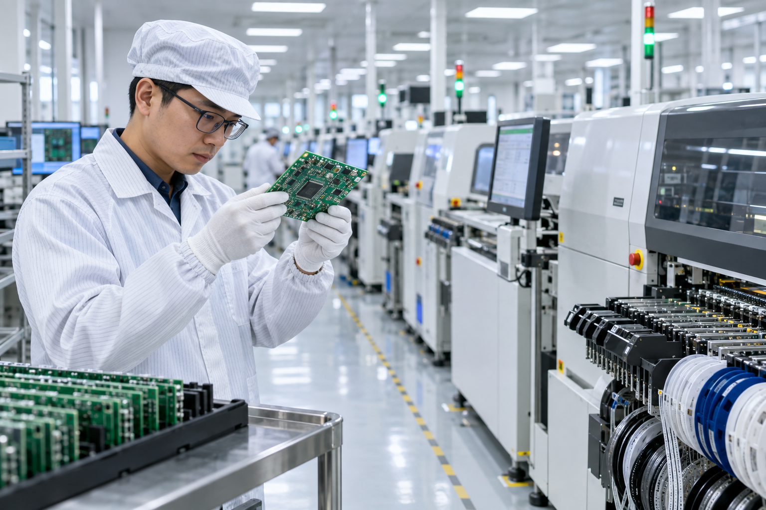 电子制造工程师正在检查电路板